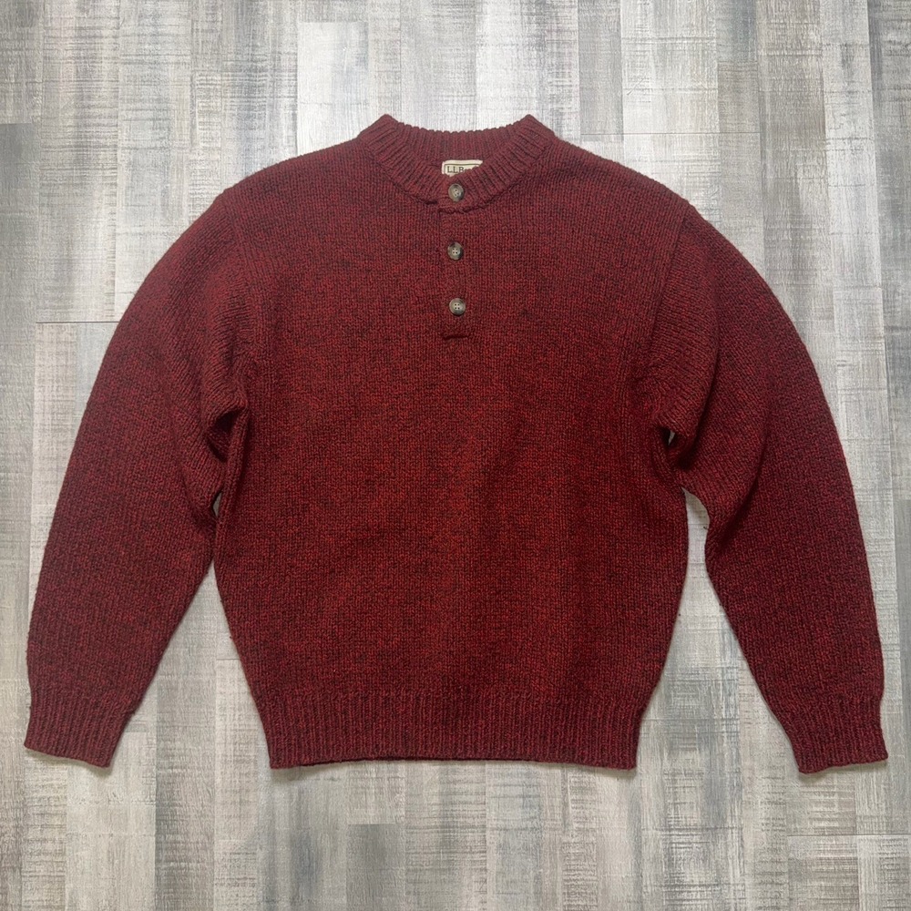 Vintage L.L. Bean Classic Ragg Wool Henley Sweater Mens S Regular Red Lambswool